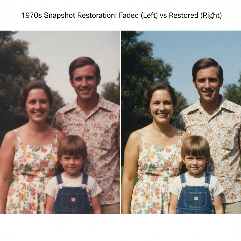 AI photo enhancer correcting heavy magenta dye fade on a 1970s colour snapshot back to true colour with reduced grain