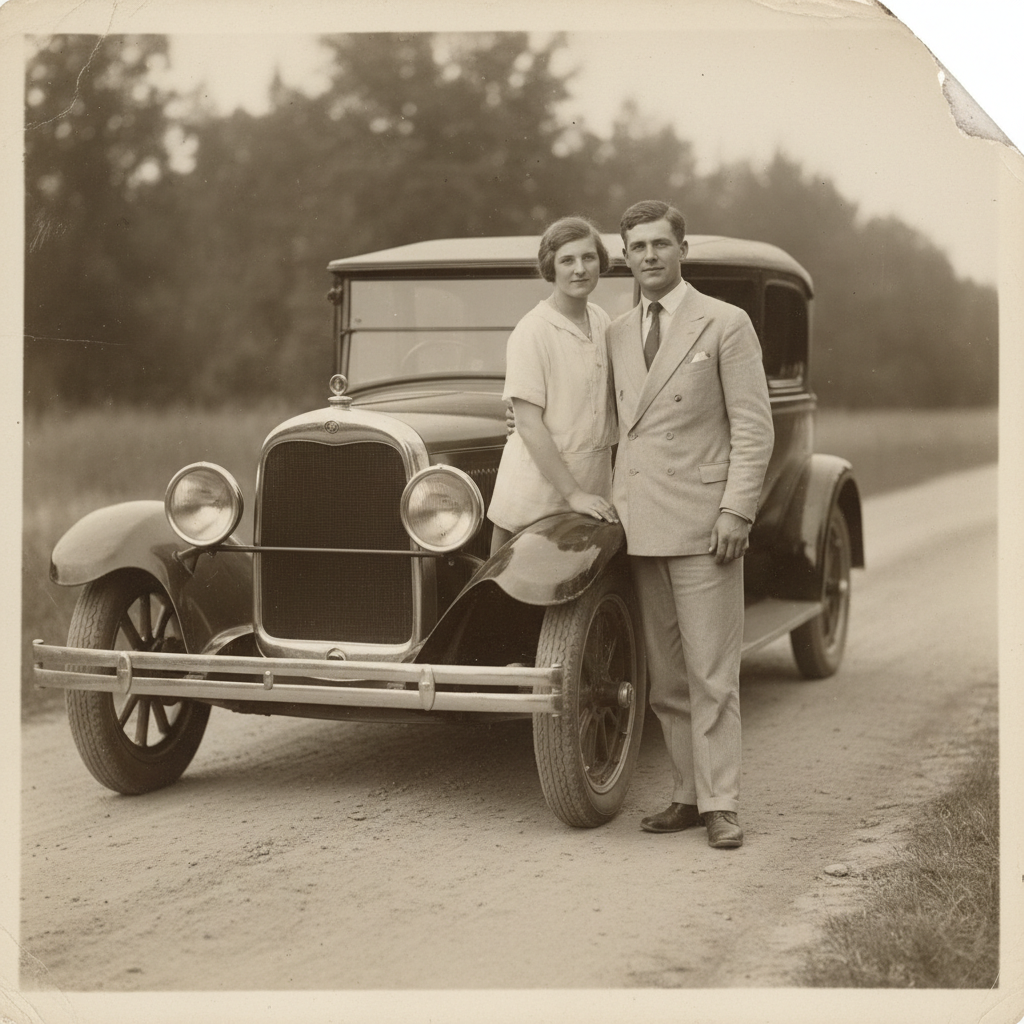Bordered vintage print of a couple beside a 1920s automobile, showing the worn torn corner and surface creasing that the AI photo enhancer repairs