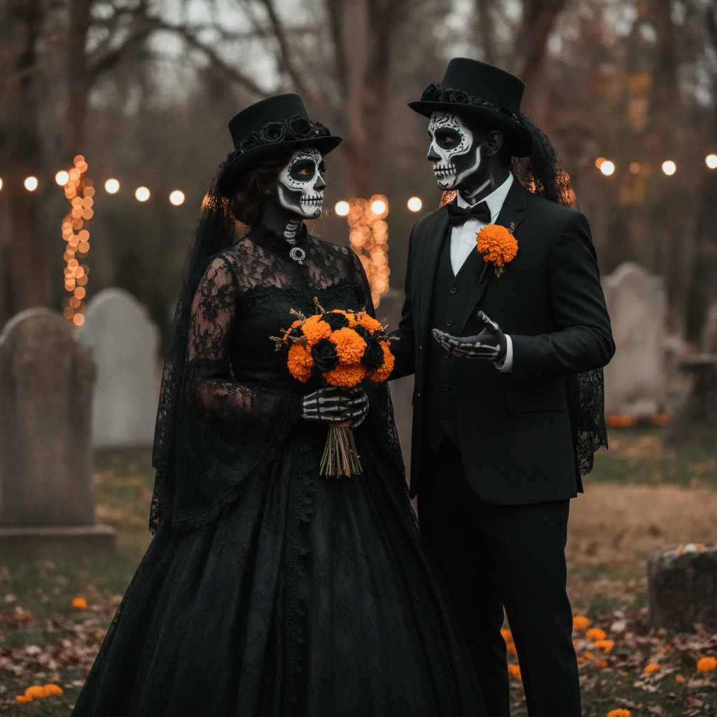 AI Halloween costume generator example — a couple in matching skeleton bride and groom sugar skull costumes
