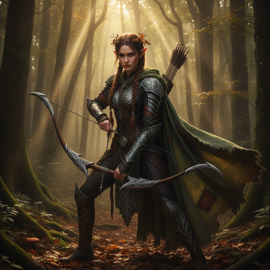 AI Halloween costume generator example — a cosplay portrait of an elven forest warrior in filigree armour in a misty forest