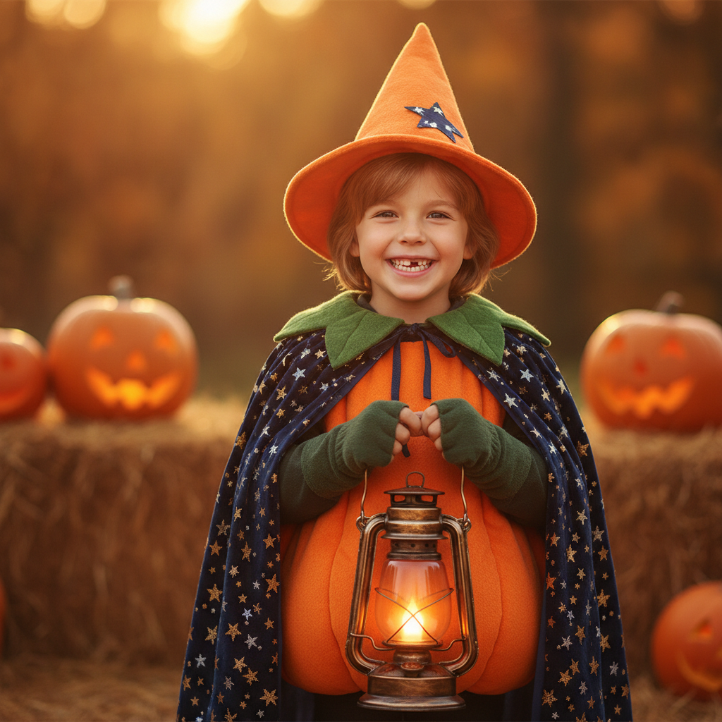 AI Halloween costume generator example — a child dressed as a friendly pumpkin wizard holding a glowing lantern