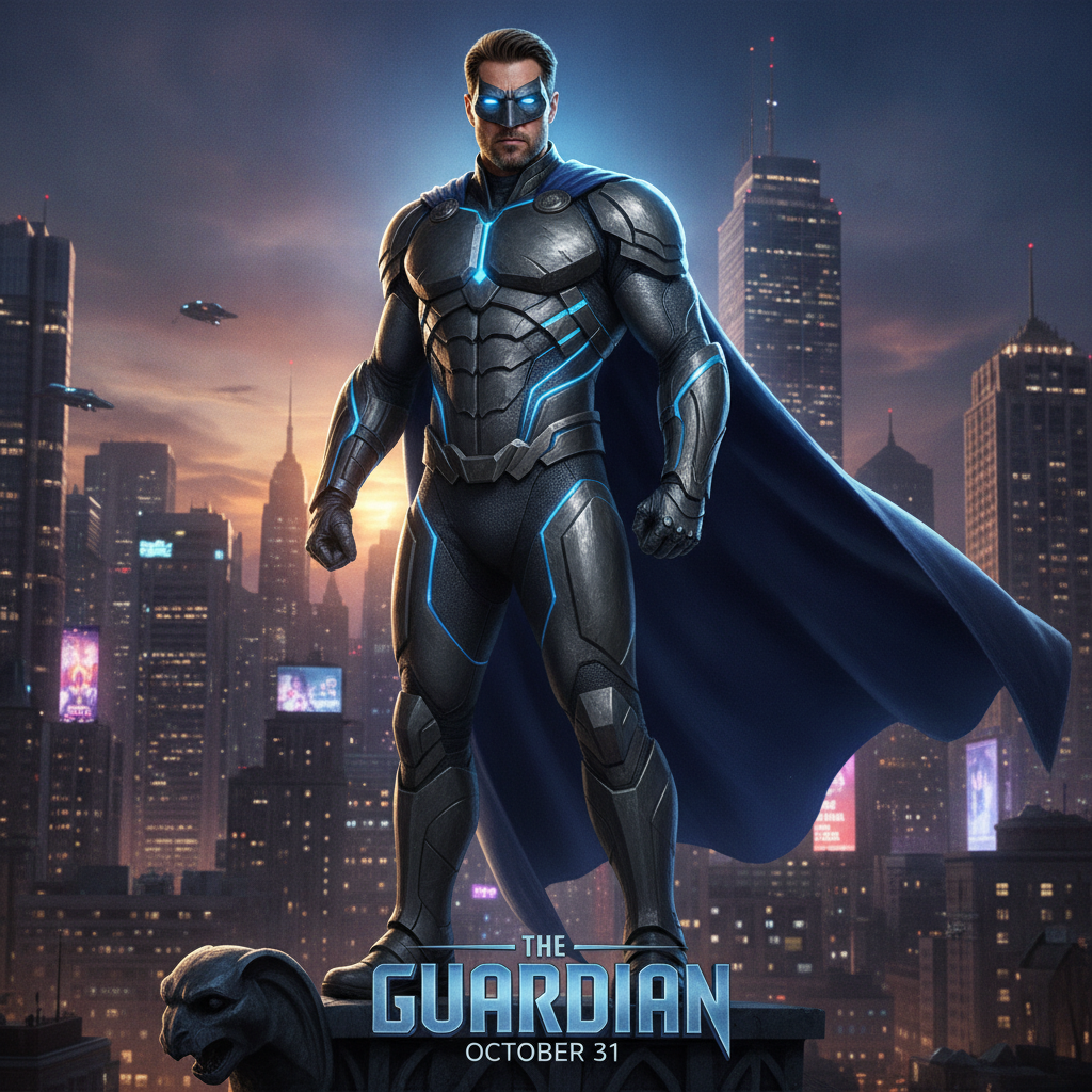 AI Halloween costume generator example — a photo turned into an original superhero in armoured suit and cape on a city rooftop