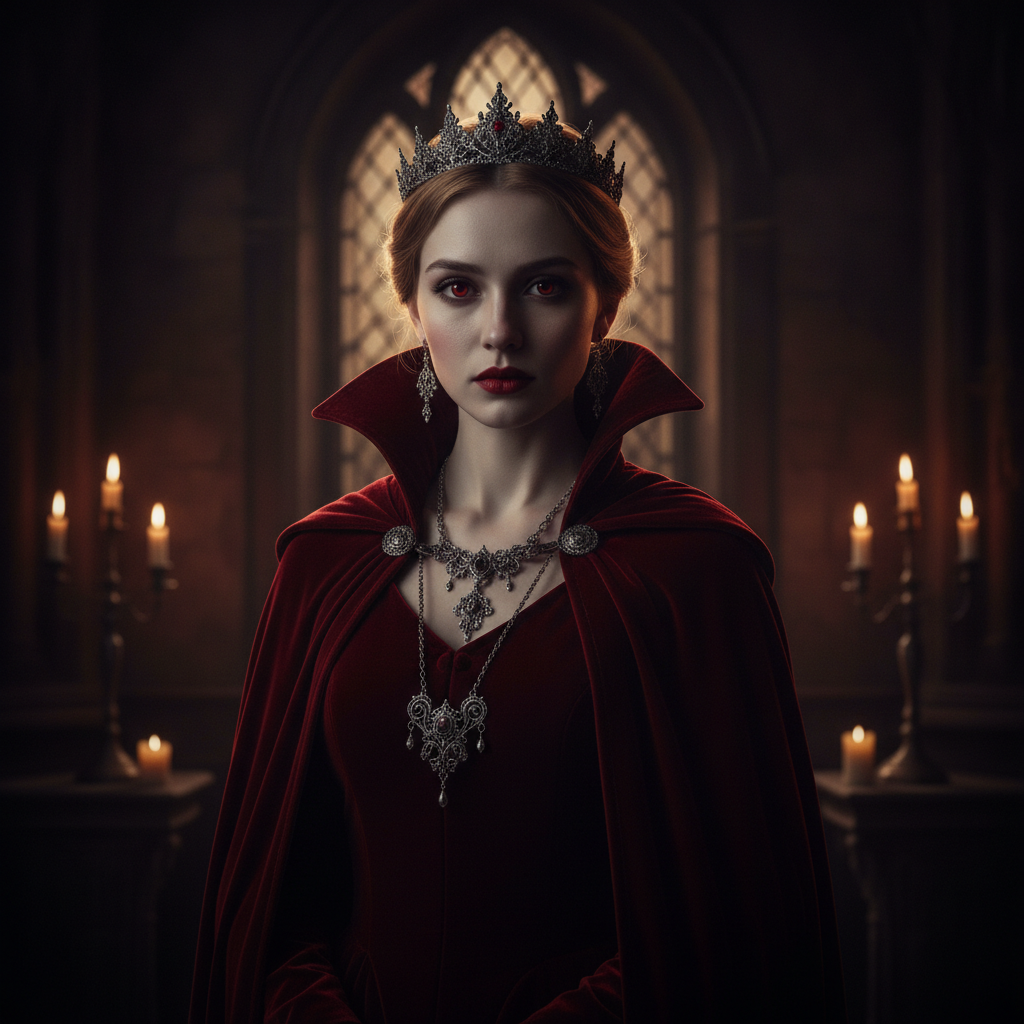 AI Halloween costume generator example — a portrait transformed into an elegant gothic vampire with a red velvet cloak in a candlelit manor