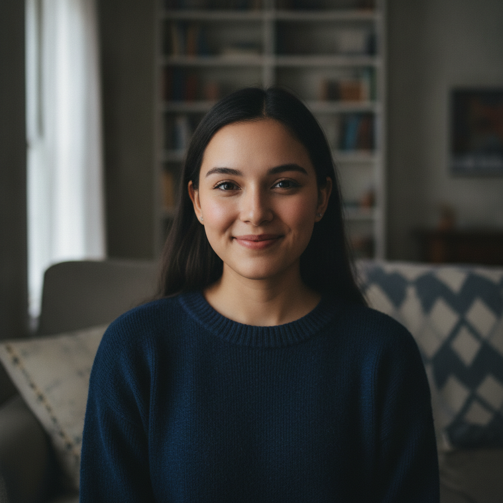 AI hands-free image editing output — a dim indoor portrait automatically brightened with balanced exposure, recovered shadow detail and natural skin tones