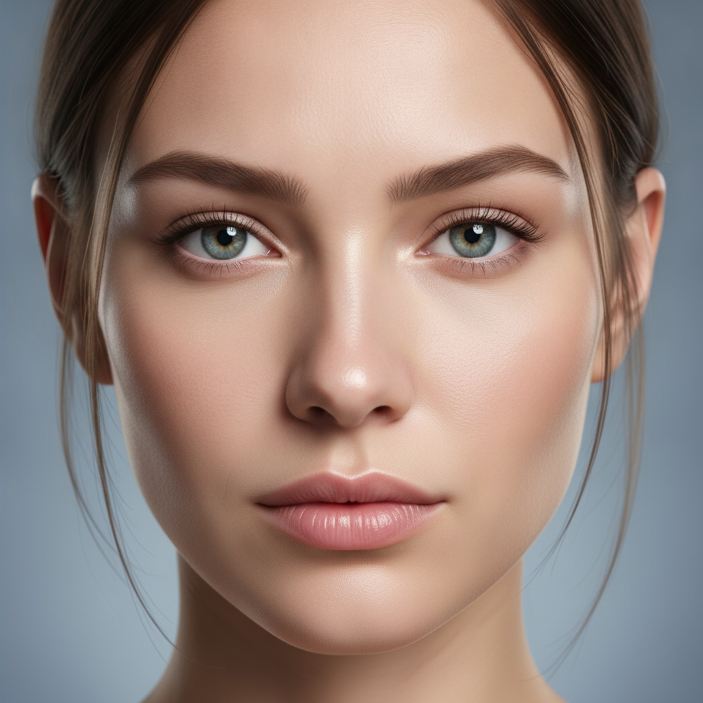 AI hands-free image editing output — a clean enhanced headshot with smoothed skin, refined detail and crisp eyes done automatically from one description