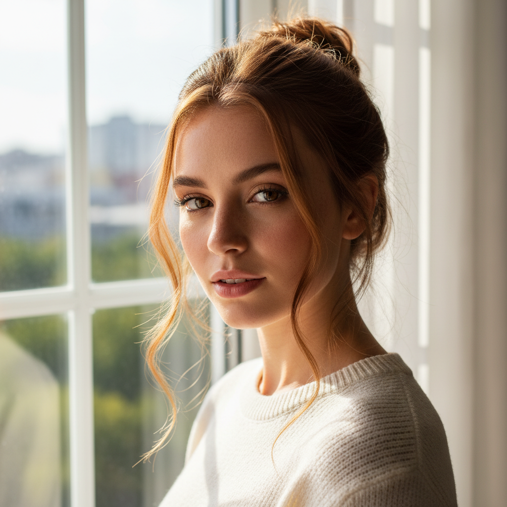 AI HDR image enhancer applied to backlit portrait of woman against sunlit window, preserved highlight detail in window and shadow detail on face, balanced natural skin tones