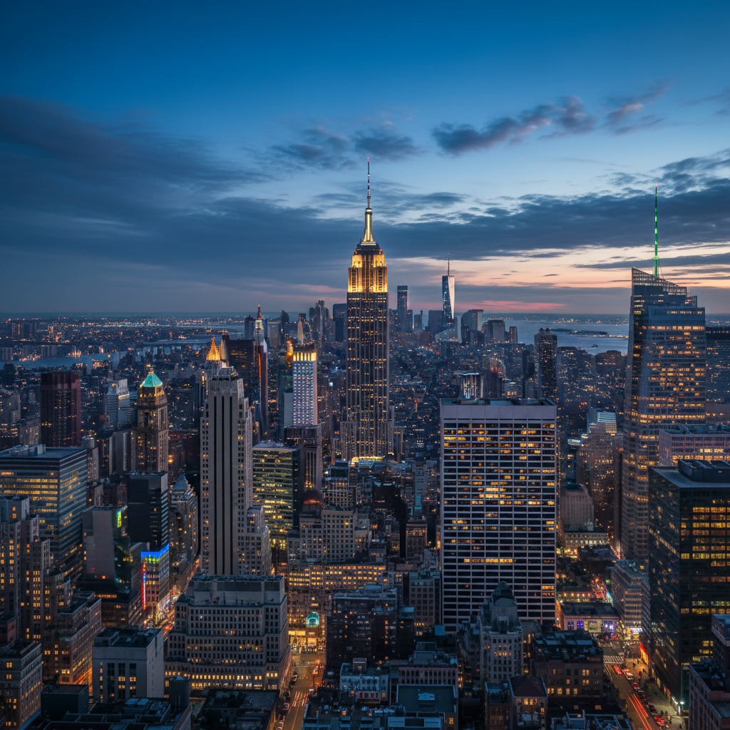 AI HDR image enhancer applied to Manhattan cityscape at blue hour, detailed clouds preserved in bright sky and shadow detail in dark streets, vivid neon signs