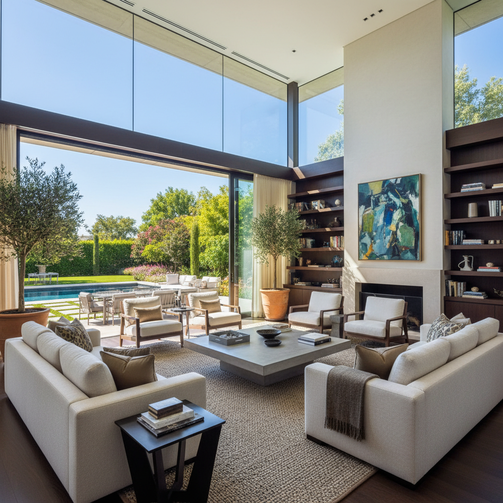 AI HDR image enhancer applied to luxury interior with floor-to-ceiling windows, balanced bright outdoor view with interior shadow detail, architectural digest quality