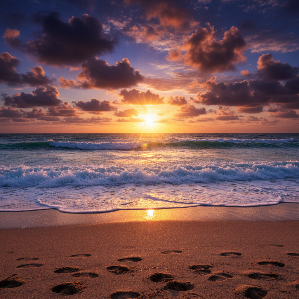 AI HDR image enhancer applied to sunset beach with crashing waves, golden sun in frame without blown highlights, vivid orange and purple sky gradient, full cloud detail