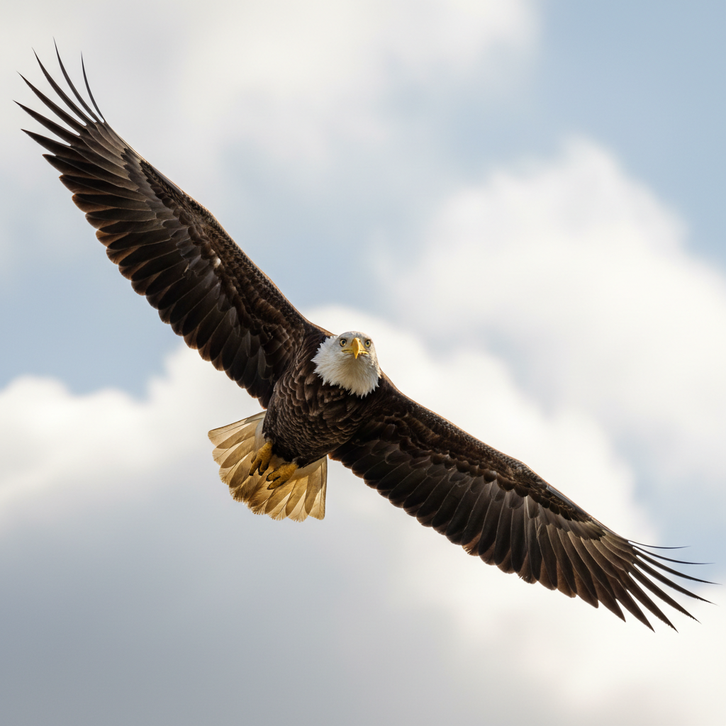 AI HDR image enhancer applied to eagle in flight against bright sky, detailed feathers preserved, highlight detail in clouds and shadow detail under wings, wildlife quality