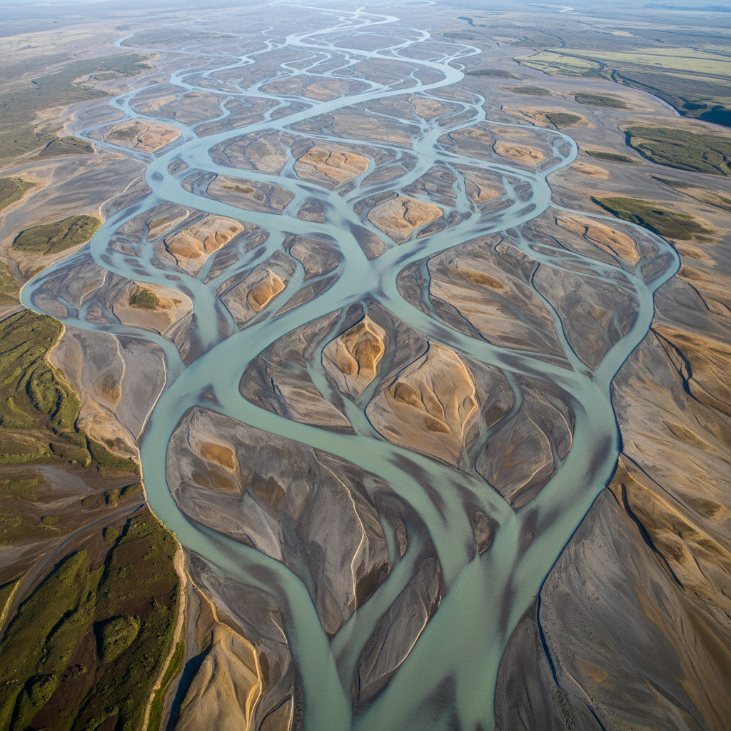 AI photo clarity example — high-altitude aerial of a braided glacial river delta with fine sediment channels fanning across grey and ochre silt