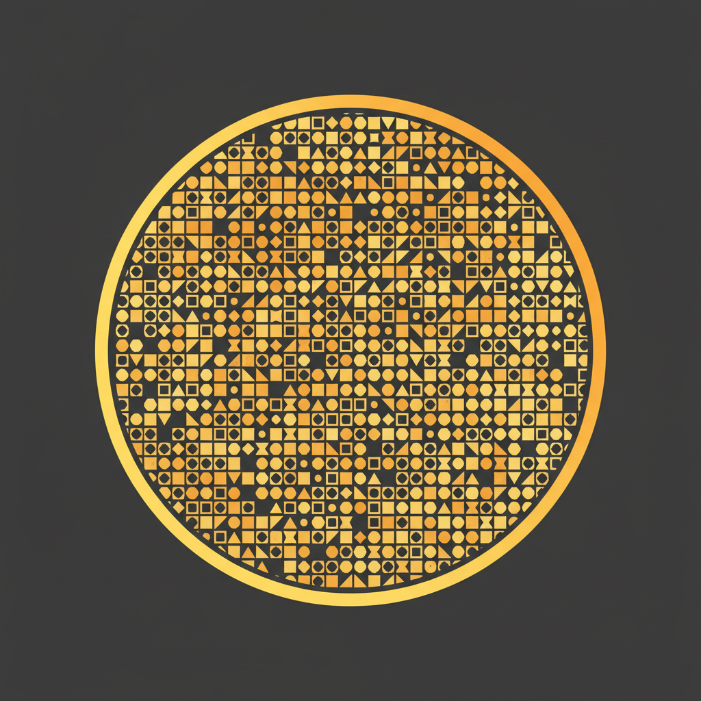 Hi-fi image processing concept — flat vector illustration of a circular amber lens densely packed with hundreds of tiny crisp geometric shapes in yellow and gold on deep charcoal