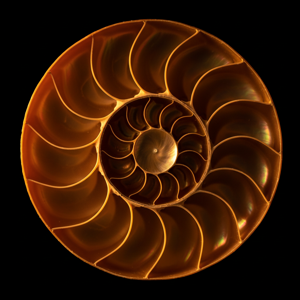 AI resolution tools example — extreme macro of a polished nautilus shell cross-section, spiral chambers glowing with mother-of-pearl sheen under warm amber light on black