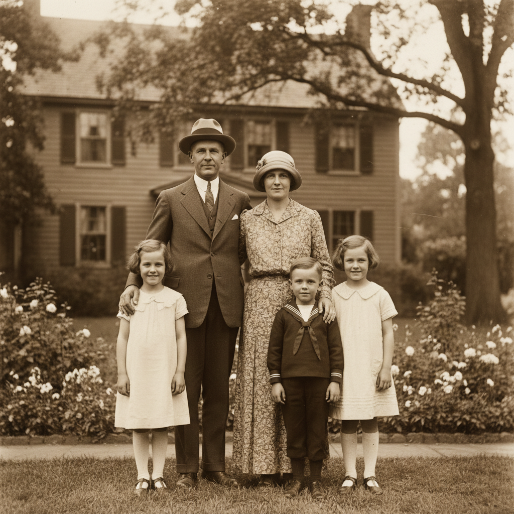AI historical photo restoration result — a 1920s family photograph with cracks and stains removed and clarity restored