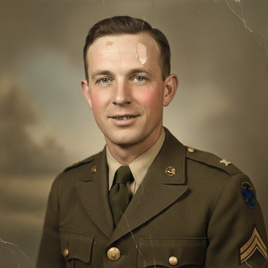 AI historical photo restoration result — a faded 1940s wartime soldier portrait repaired and colorized