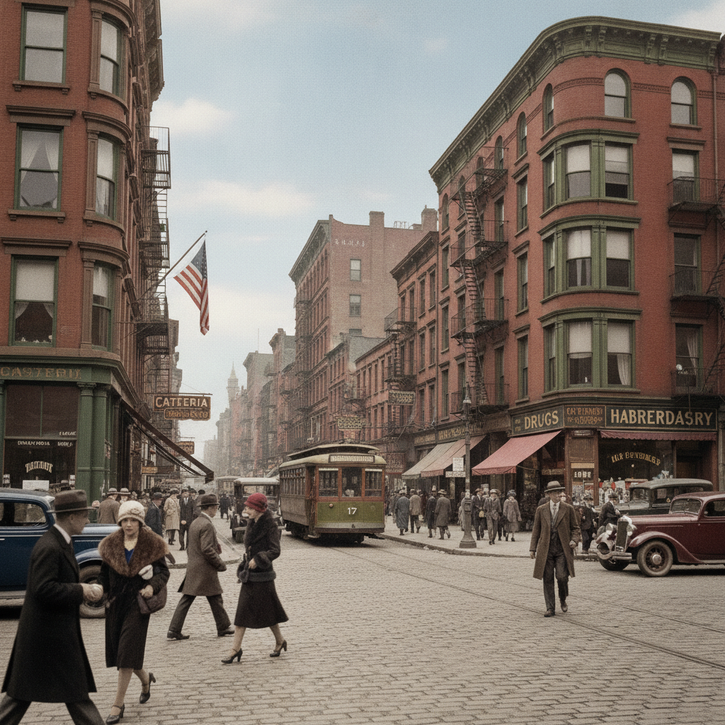 AI historical photo restoration result — an old 1930s street scene with dust and creases removed and detail recovered