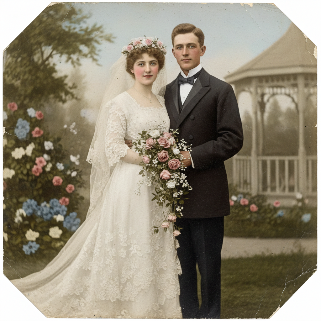 AI historical photo restoration result — an antique early 1900s wedding photo with torn edges and water damage repaired