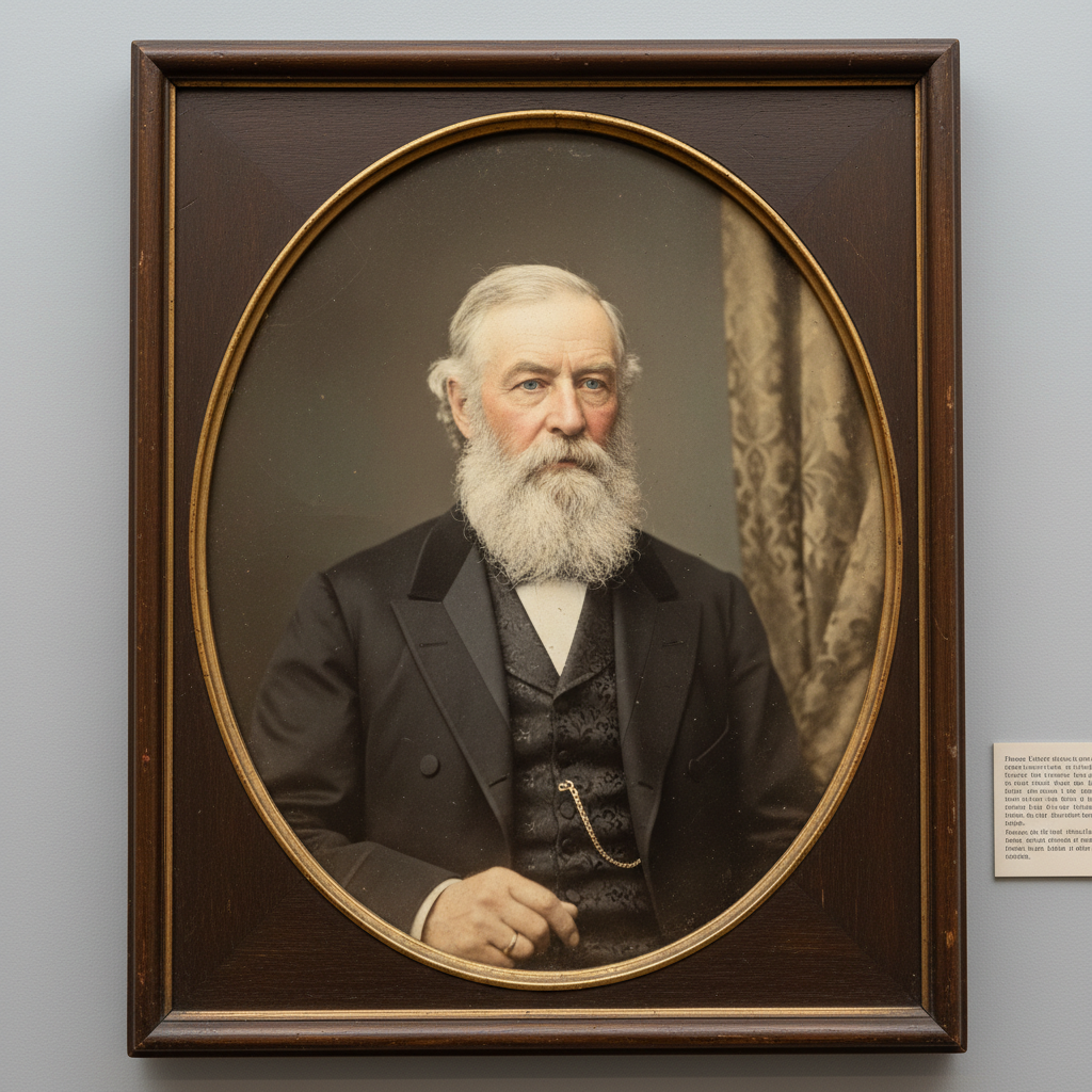 AI historical photo restoration result — a heavily faded Victorian portrait of an elderly man restored to natural color and sharpness