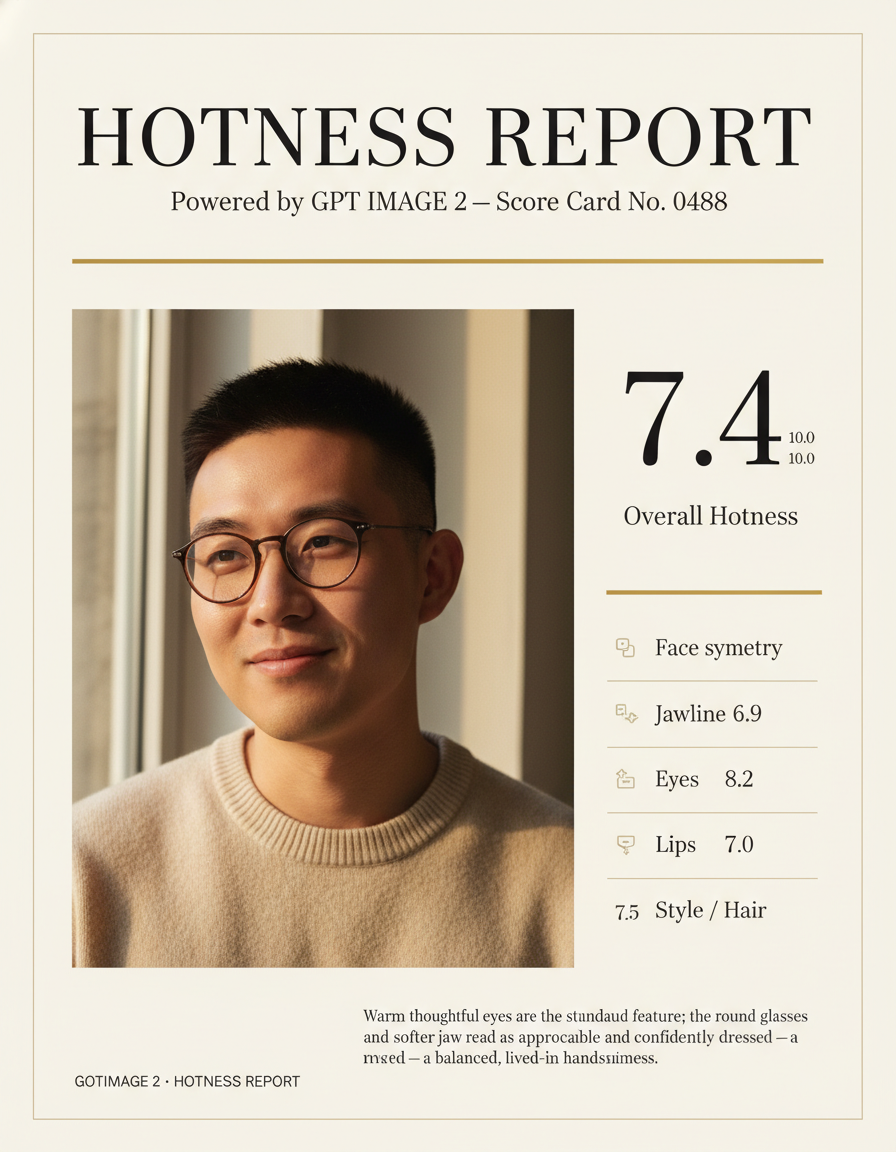 AI hotness rating magazine card with a 7.4 score and round-frame glasses — GPT Image 2 generated attractiveness review with five-feature breakdown