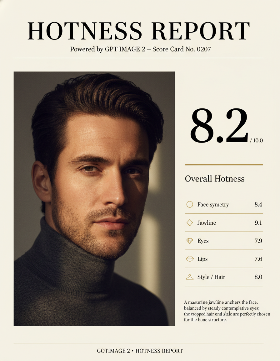 AI hotness rating scorecard with an 8.2 score for a male portrait — GPT Image 2 generated luxury magazine attractiveness review with jawline and feature ratings