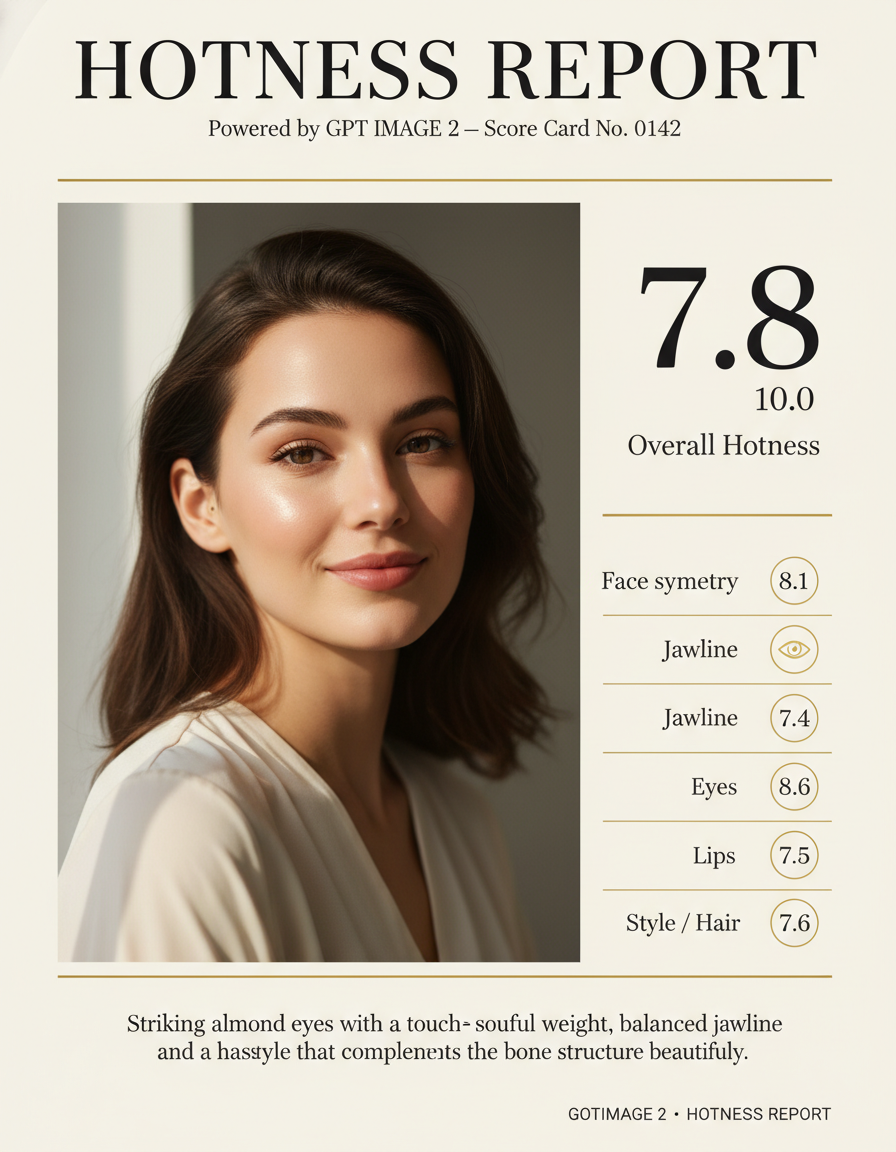 AI hotness rating editorial scorecard with a 7.8 overall hotness score — GPT Image 2 selfie analysis card breaking down face symmetry, eyes, lips, and hairstyle