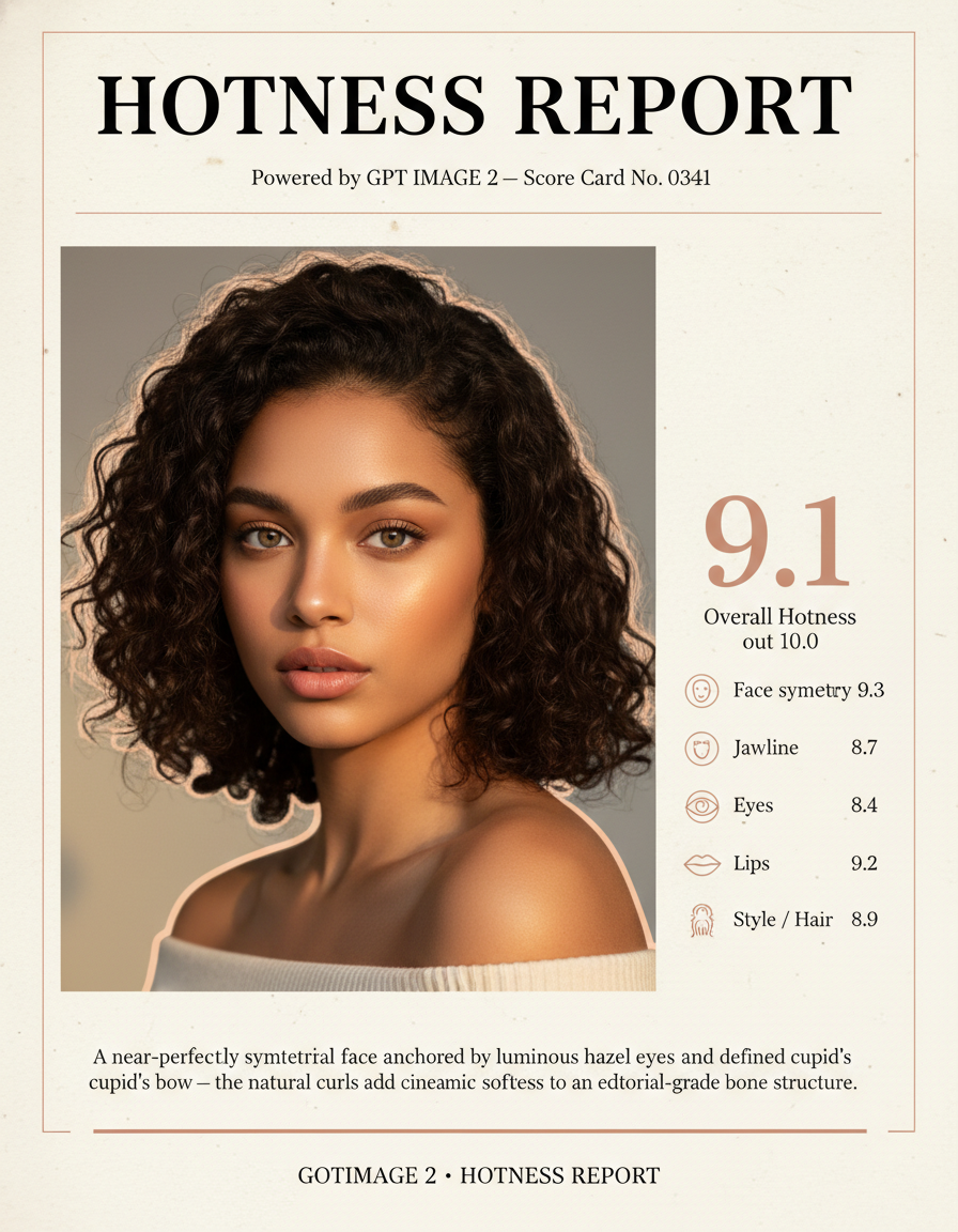 AI hotness rating magazine scorecard with a 9.1 overall score — GPT Image 2 attractiveness analysis with face symmetry, jawline, eyes, lips, and hair breakdown