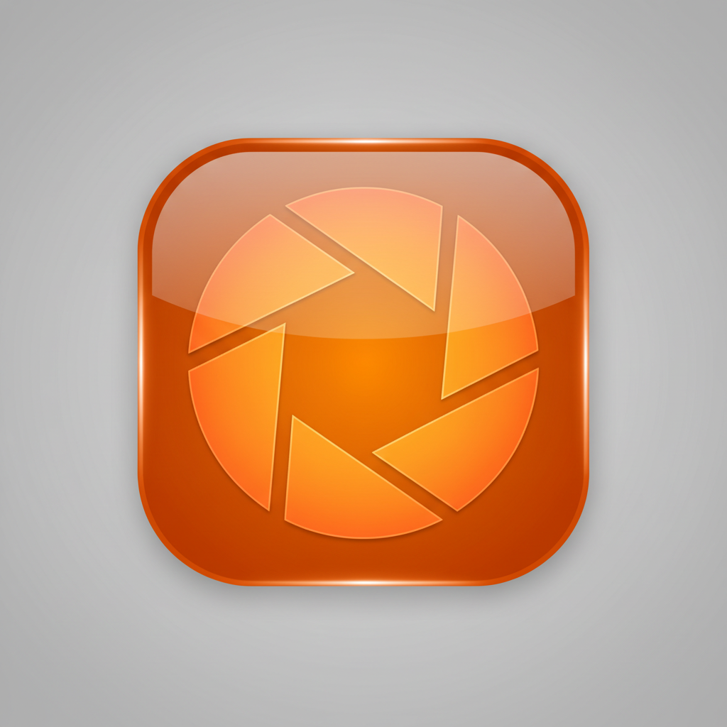 AI icon generator result — a glossy orange camera shutter app icon with rounded corners
