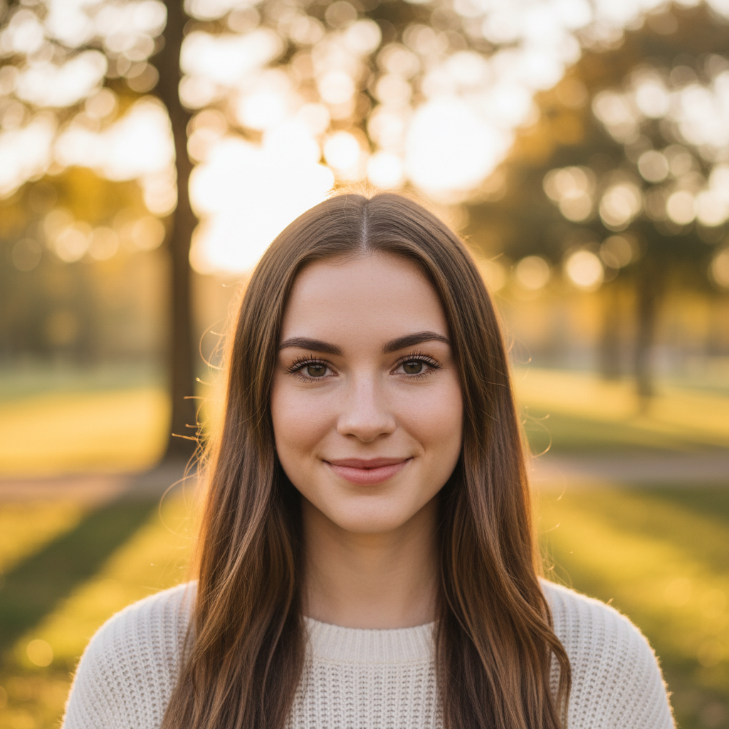 AI image background blur showcase of a stunning professional portrait with sharp face focus and creamy golden hour park bokeh background, shallow depth of field with warm bokeh circles, photorealistic 4K commercial quality