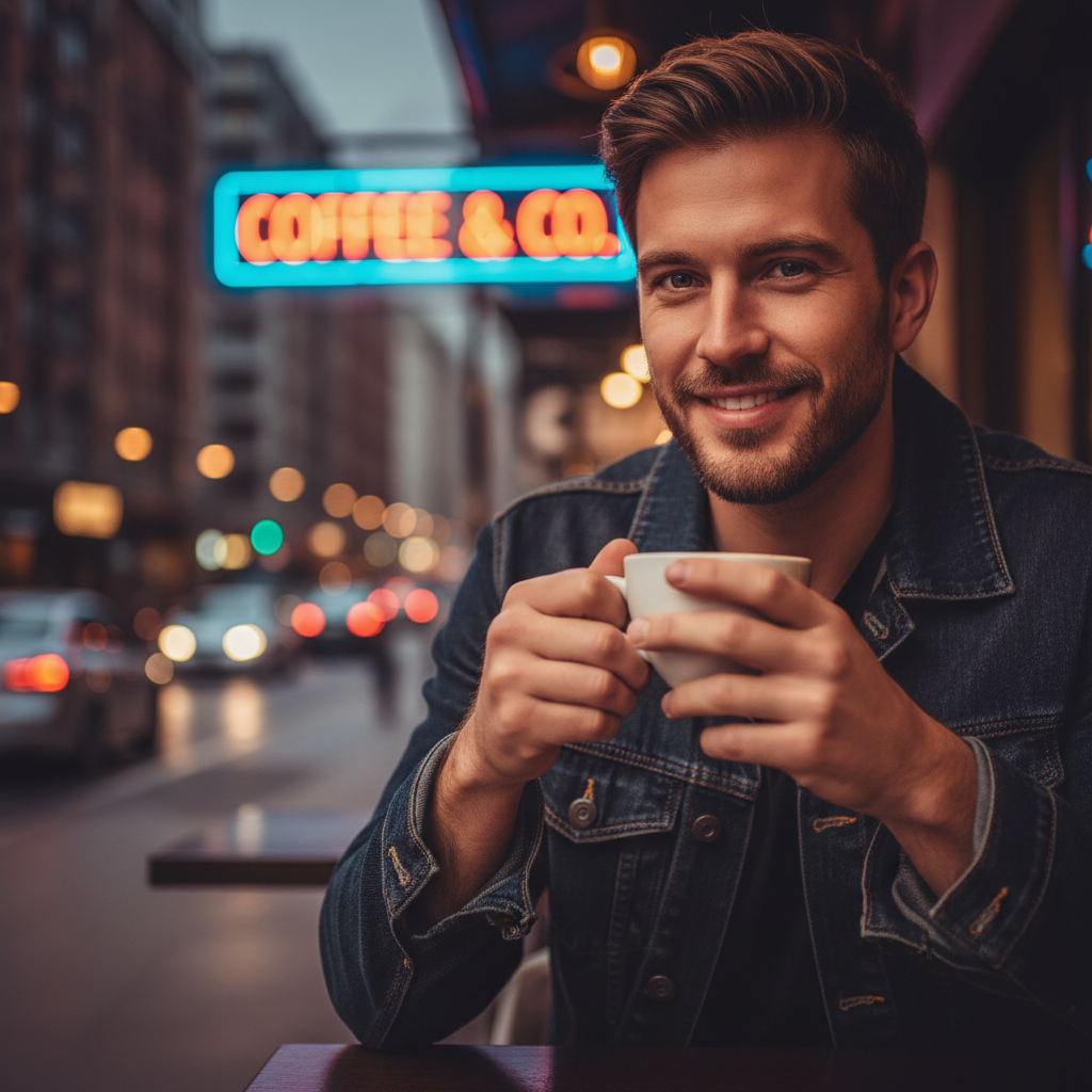 AI image background blur output of a lifestyle cafe scene with razor-sharp subject in focus and dramatic neon city bokeh background, cinematic depth-of-field effect for blur image background AI workflow