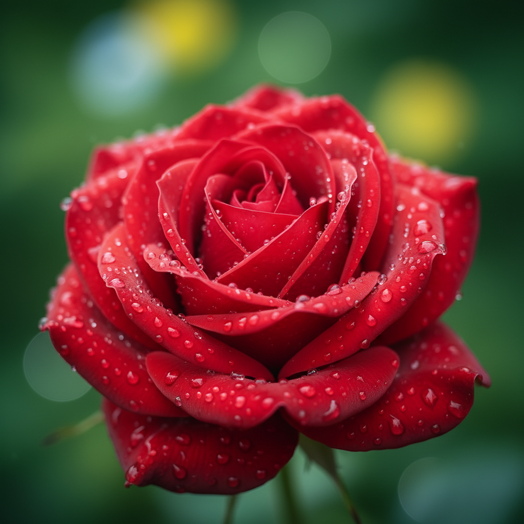 AI background blur effect demonstration on a macro red rose with dewdrops in perfect focus and deeply blurred green garden bokeh background, ultra-shallow painterly creamy depth of field for AI photo editor blur output
