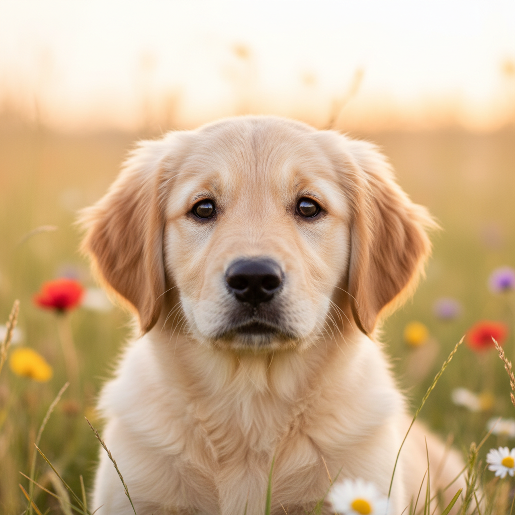 AI photo editor blur output of an adorable golden retriever puppy portrait with crystal-sharp eyes and dramatically blurred meadow background with warm bokeh wildflowers, professional pet AI image editing tools finish
