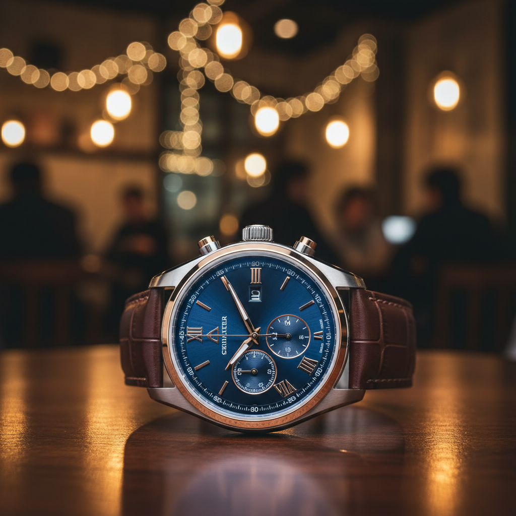 AI image background blur preview of an elegant luxury watch on a wooden surface with hyper-sharp dial detail and beautifully blurred warm cafe bokeh background, focus blur AI commercial product photography 4K