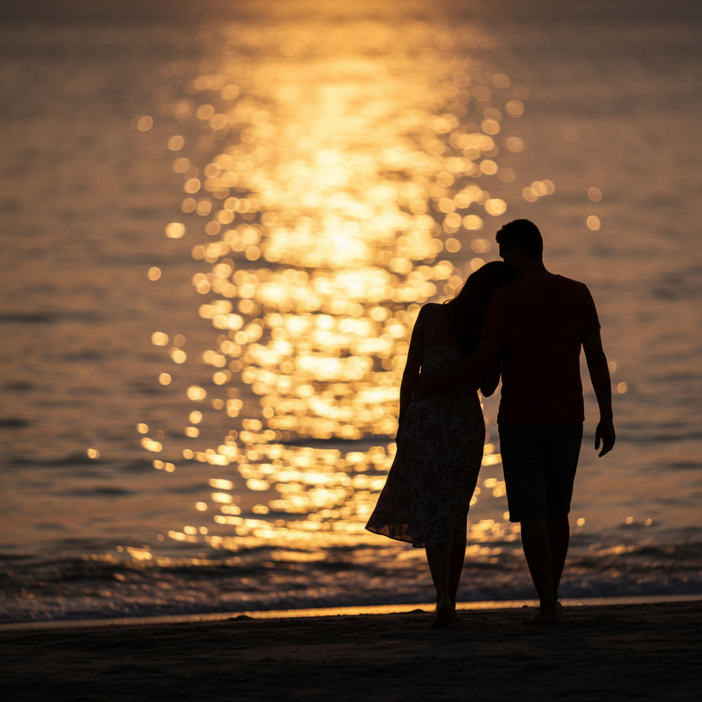 Focus blur AI showcase of a candid romantic couple silhouette walking on a beach with sharp foreground subjects and dramatically blurred sunset ocean bokeh background, cinematic background blur effect AI render 4K