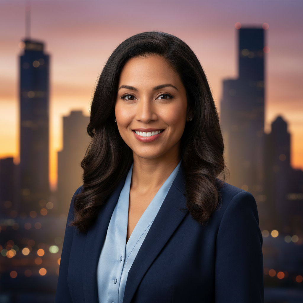 AI image background replacement result — a businesswoman portrait with the office background swapped for a sunset city skyline