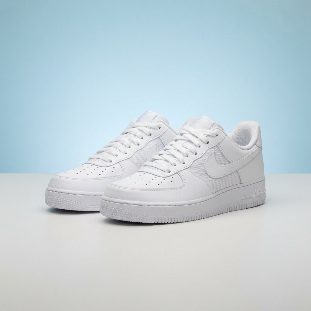 AI image background replacement result — white sneakers with the background replaced by a clean pastel-blue studio backdrop