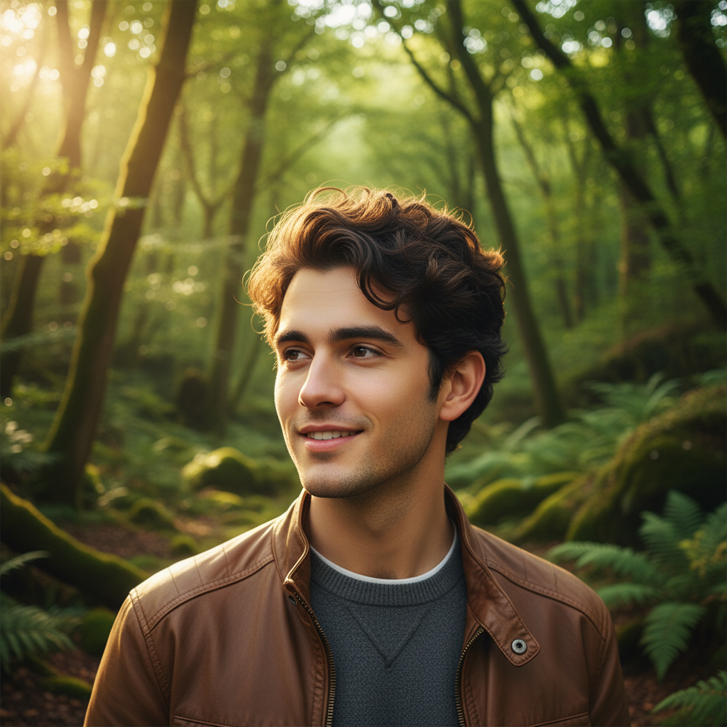 AI image background replacement result — a man portrait with a plain wall replaced by a lush green forest with soft bokeh