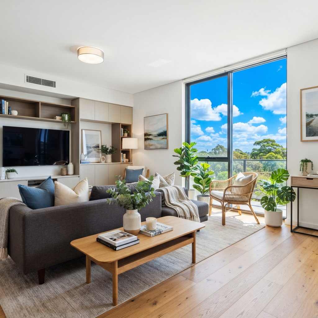 AI image background replacement result — a modern living room with a dull sky replaced by a vibrant blue sky through the window