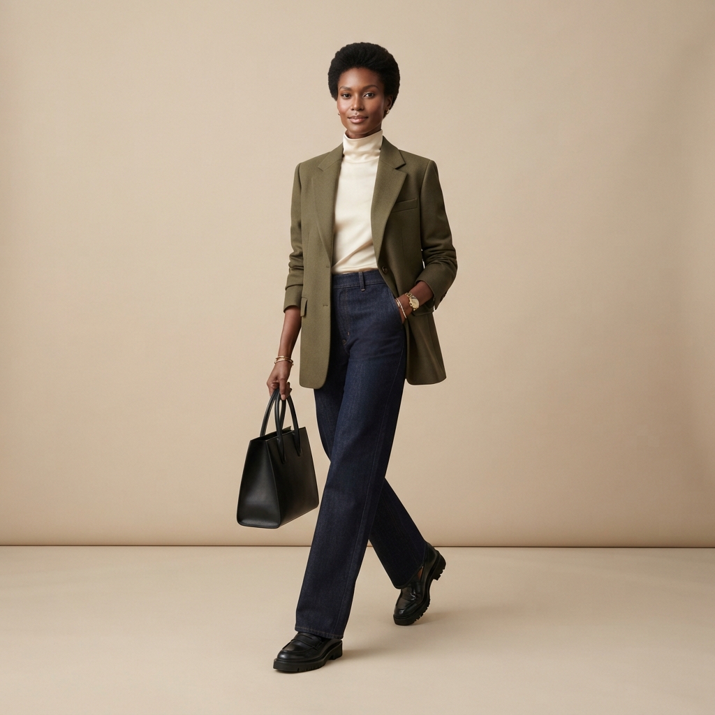 AI image background replacement result — a fashion model with a cluttered street replaced by a minimalist beige studio background