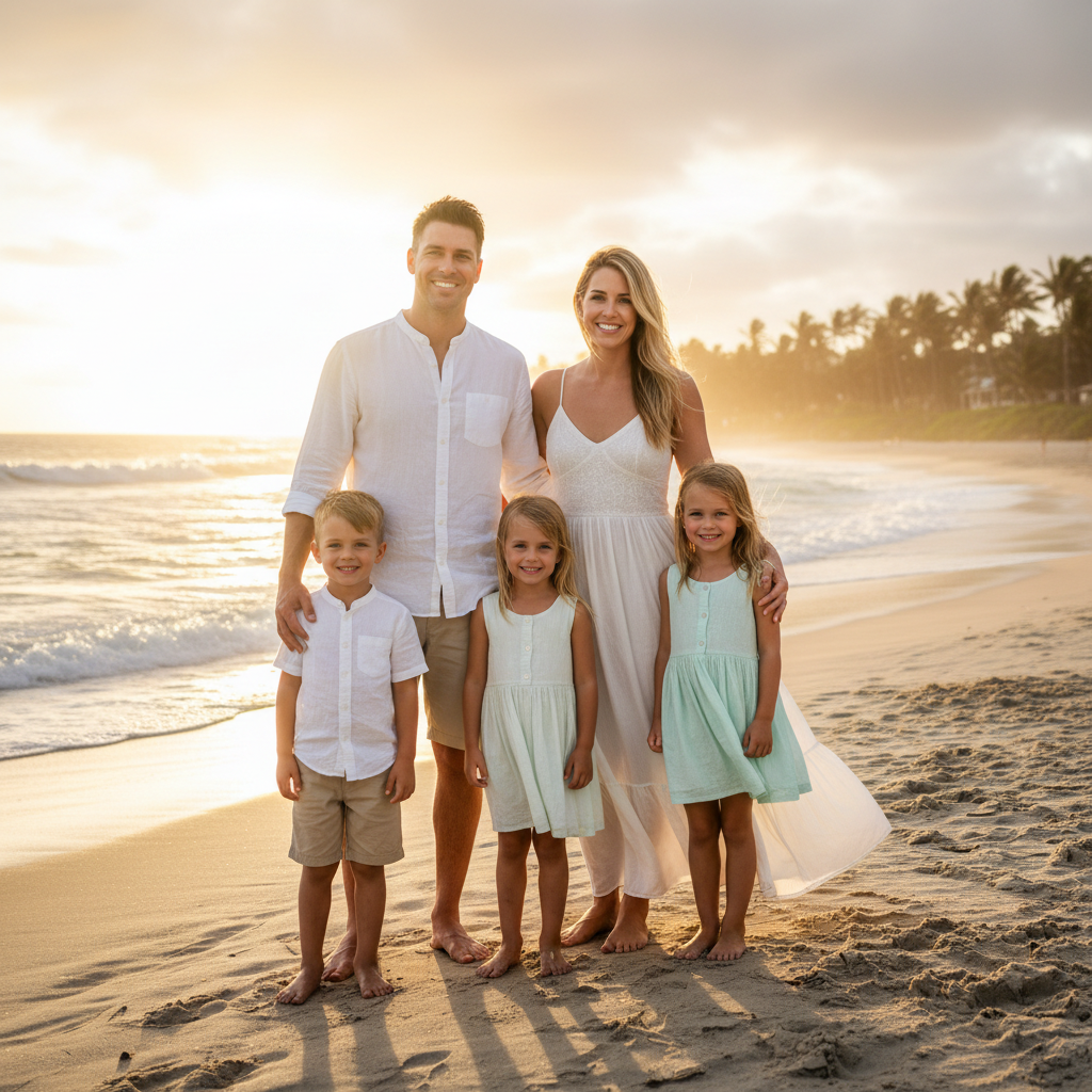 AI image background replacement result — a family photo with a gloomy overcast sky replaced by a warm golden-hour beach scene