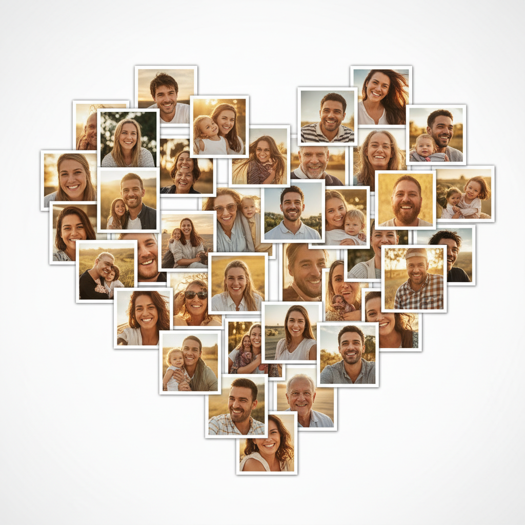 AI image collage maker output — a heart-shaped photo collage made of family and friend portraits arranged artistically