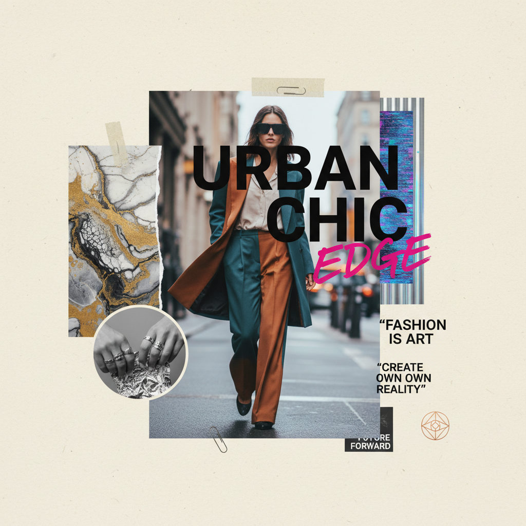AI image collage maker output — a magazine-style mood board mixing fashion photography, typography, and abstract textures