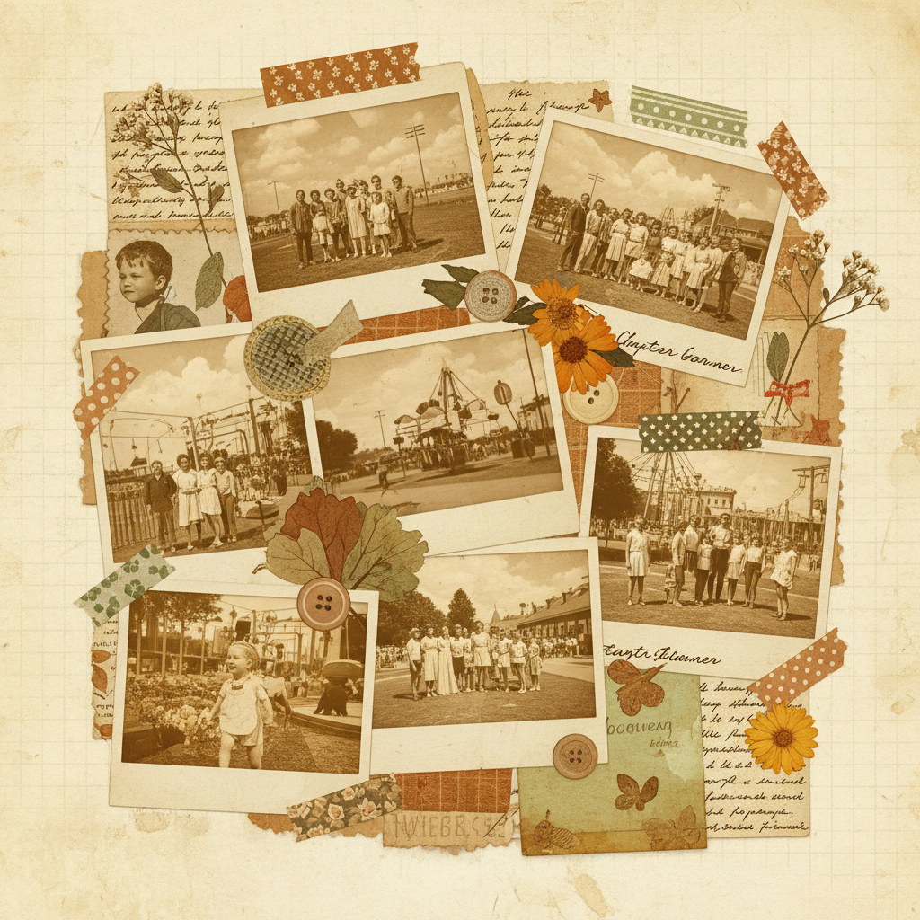 AI image collage maker output — a vintage scrapbook collage with torn paper edges, washi tape, and polaroid frames