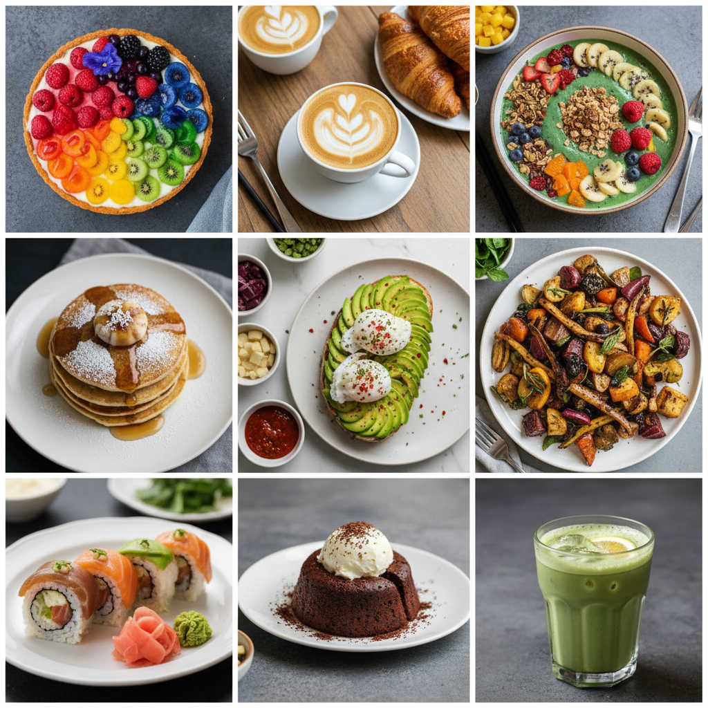 AI image collage maker output — a symmetrical 9-grid food photography collage of colorful dishes, desserts, and coffee
