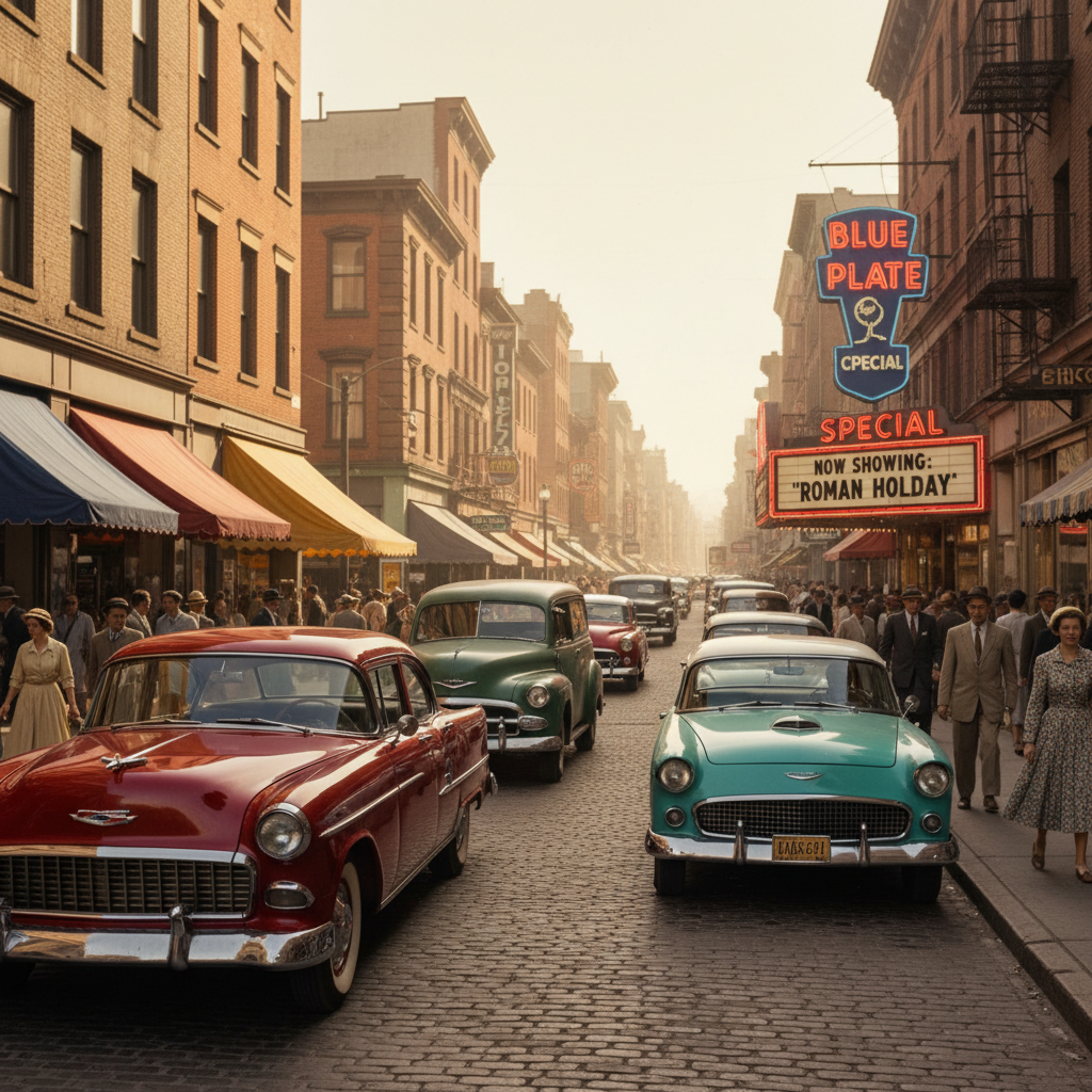 AI image colorization tool result — a 1950s black and white street scene brought to life in vivid color
