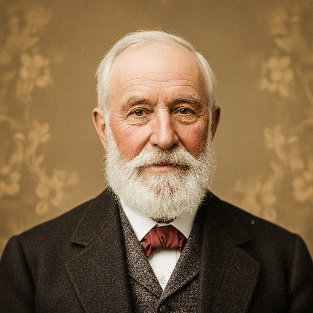 AI image colorization tool result — an antique portrait of an elderly man with natural restored skin tones