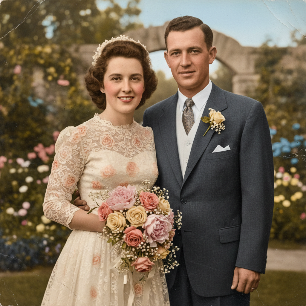 AI image colorization tool result — an old wedding photo colorized with soft natural tones