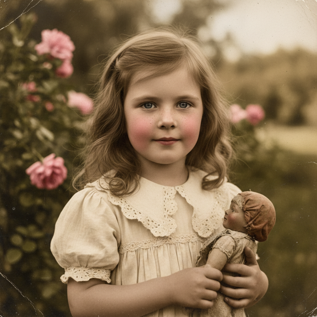 AI image colorization tool result — a faded childhood photo of a young girl restored to lifelike color