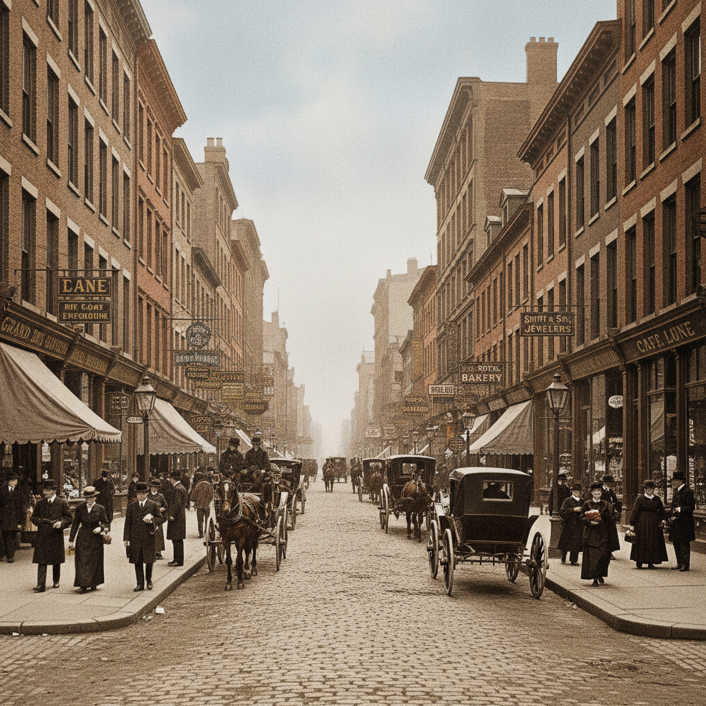AI colorized historic early-1900s city street scene with horse-drawn carriages, naturally restored warm tones