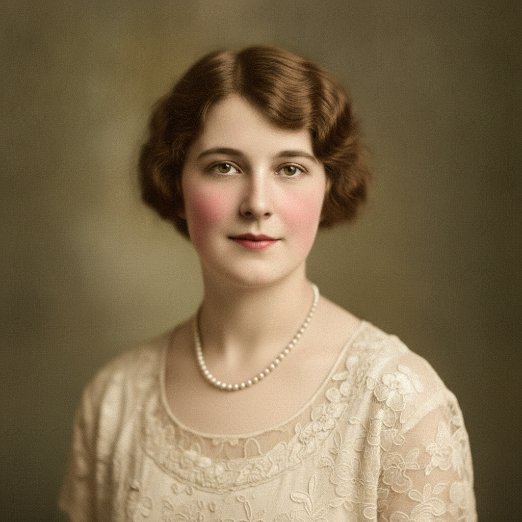 AI colorized antique 1920s studio portrait of a young woman with soft, photorealistic skin tones