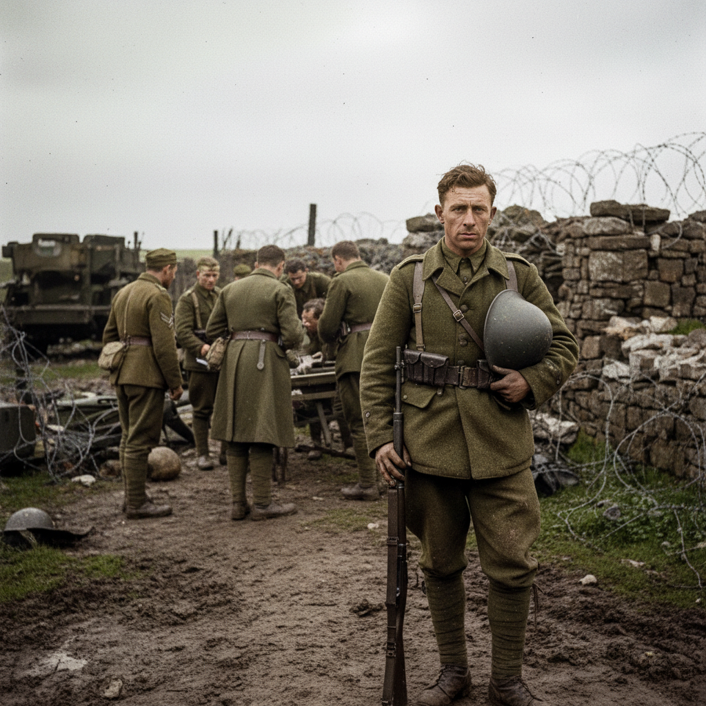 AI colorized vintage wartime documentary photograph with realistic muted, earthy period colors